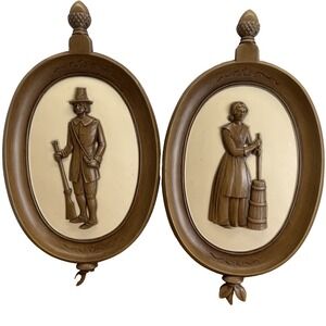 Set of 2 Vintage SYROCO Pilgrim Pioneer Colonial Oval Wall Hanging Mid Century